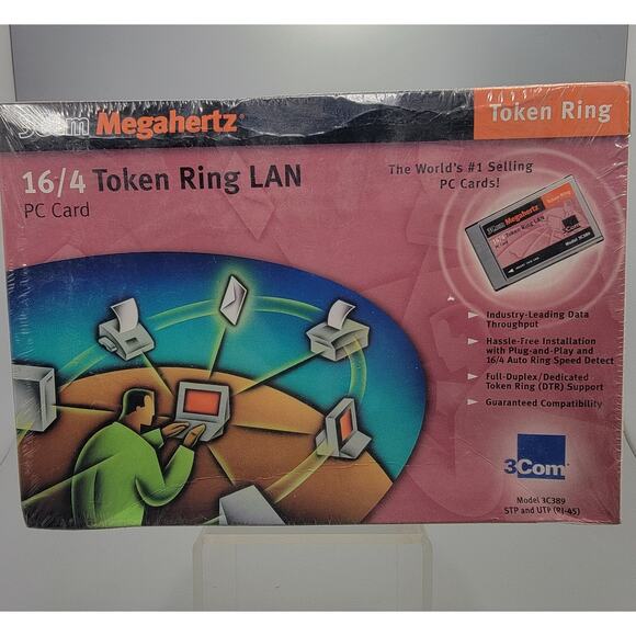 3Com Megaherts 16/4 Token Ring LAN PCMCIA Card Model 3C389. Vintage